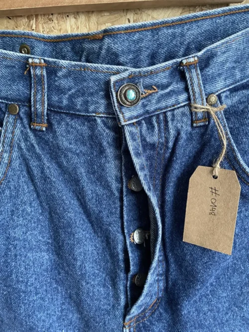 jean vintage bonaventure bleu années 80/90 taille haute coupe mom taille avec bouton bijoux bleu
