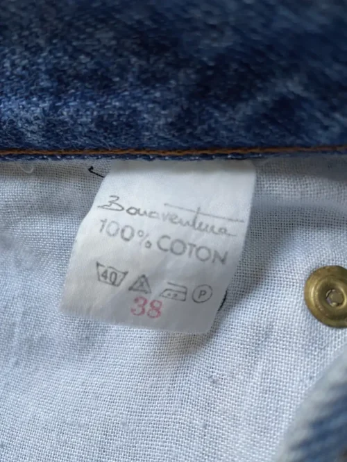 jean vintage bonaventure bleu années 80/90 taille haute coupe mom etiquette 100% coton taille 38